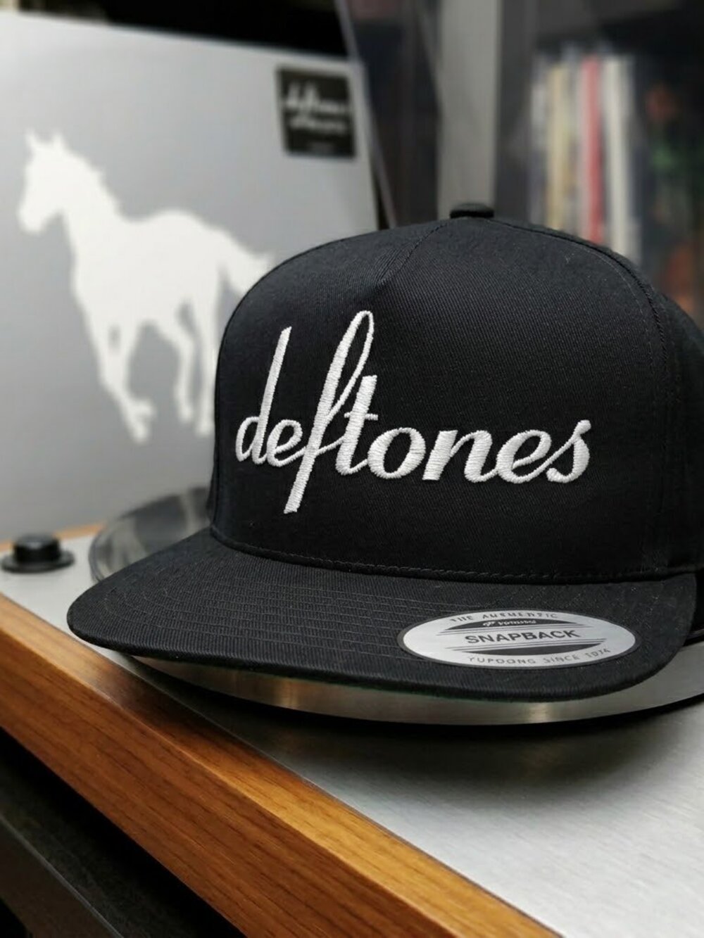 Deftones Band Script Logo Embroidered Black Flat Bill Yupoong Snapback Hat Y2K